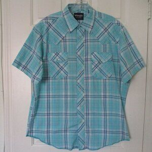 Wrangler Mens S/S Turquoise Western Pearl Snaps Casual Shirt - Size Large